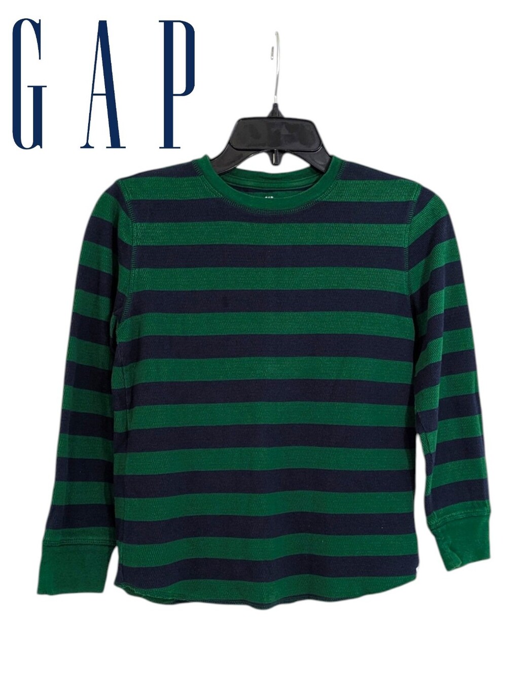 Gap Green & Navy Blue Thermal Waffle Weave Rugby Stripe Shirt - Size Large Boys